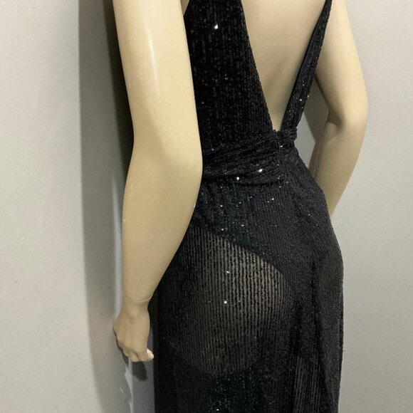 LUXXEL Black Sequin gown, high-slit & sexy deep v-neck front & back NWOT  sz S - Picture 8 of 11